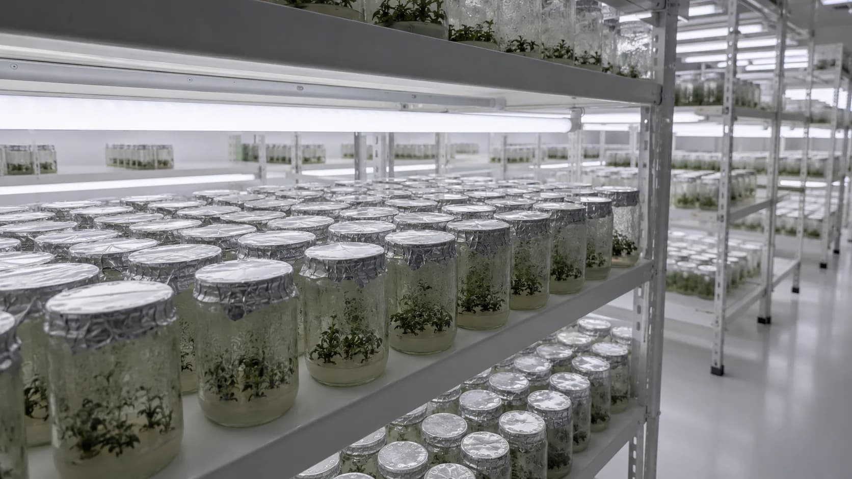 Sala de conservación in vitro: estantes con frascos de cultivo bajo luz controlada